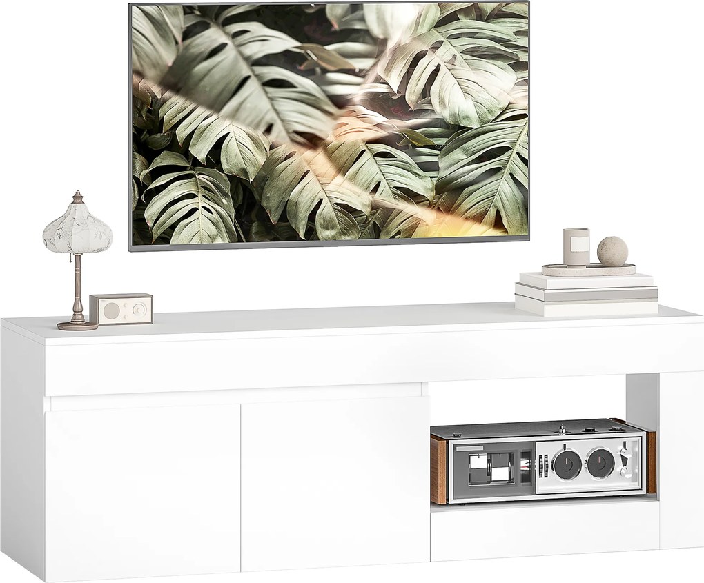 HOMCOM Nowoczesny lowboard TV do salonu z 2 drzwiami, otwartą półką i uchwytami, dla telewizorów do 152,4 cm, 140 x 40 x 48 cm, biały | Aosom PL