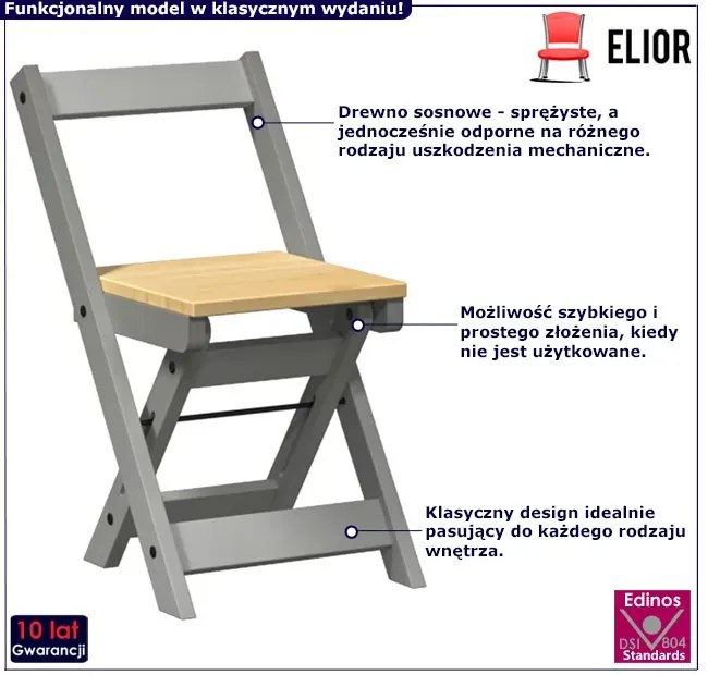 Komplet 4 składanych krzeseł z drewna sosnowego szary + miodowy brąz T7-C03