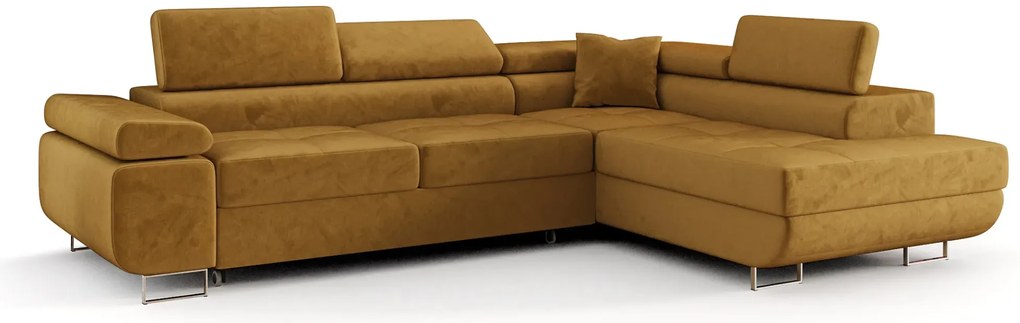 Żółty rozkładany narożnik welurowy z pojemnikiem R2-M65