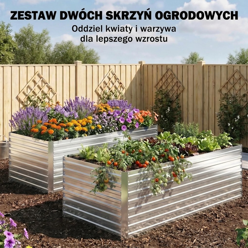 Outsunny zestaw dwóch ocynkowanych podwyższonych grządek, 180 x 90 x 60 cm, metalowe grządki z bezpiecznymi krawędziami, srebrny | Aosom PL