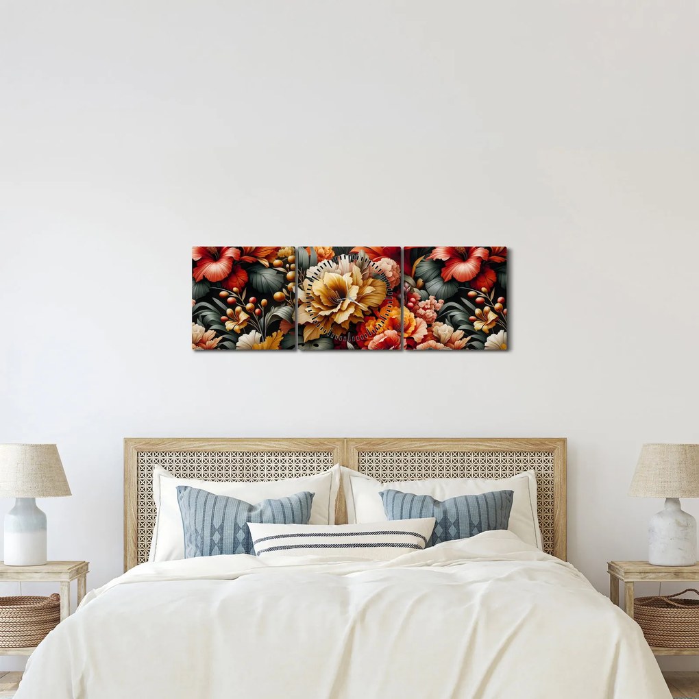 Obraz - Pomarańczowo-czerwone kwiaty (z zegarem) (90x30 cm)