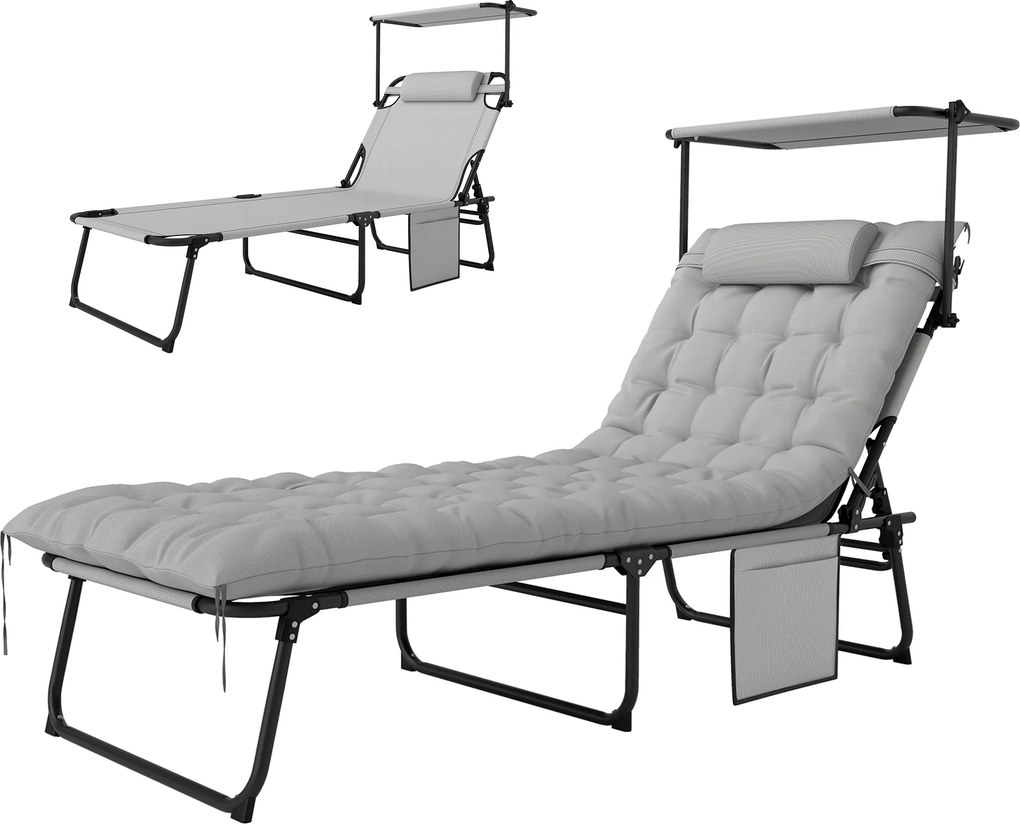 Outsunny Składany leżak ogrodowy z daszkiem, materacem, regulowanym oparciem w 4 pozycjach, Jasnoszary