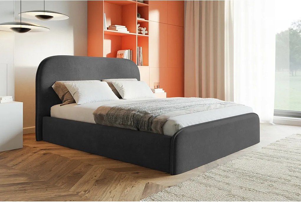 Łóżko tapicerowane 200x200 Wendra - stelaż metalowy, okrągłe zagłowie, welur - ciemny szary (Amor Velvet 4321)