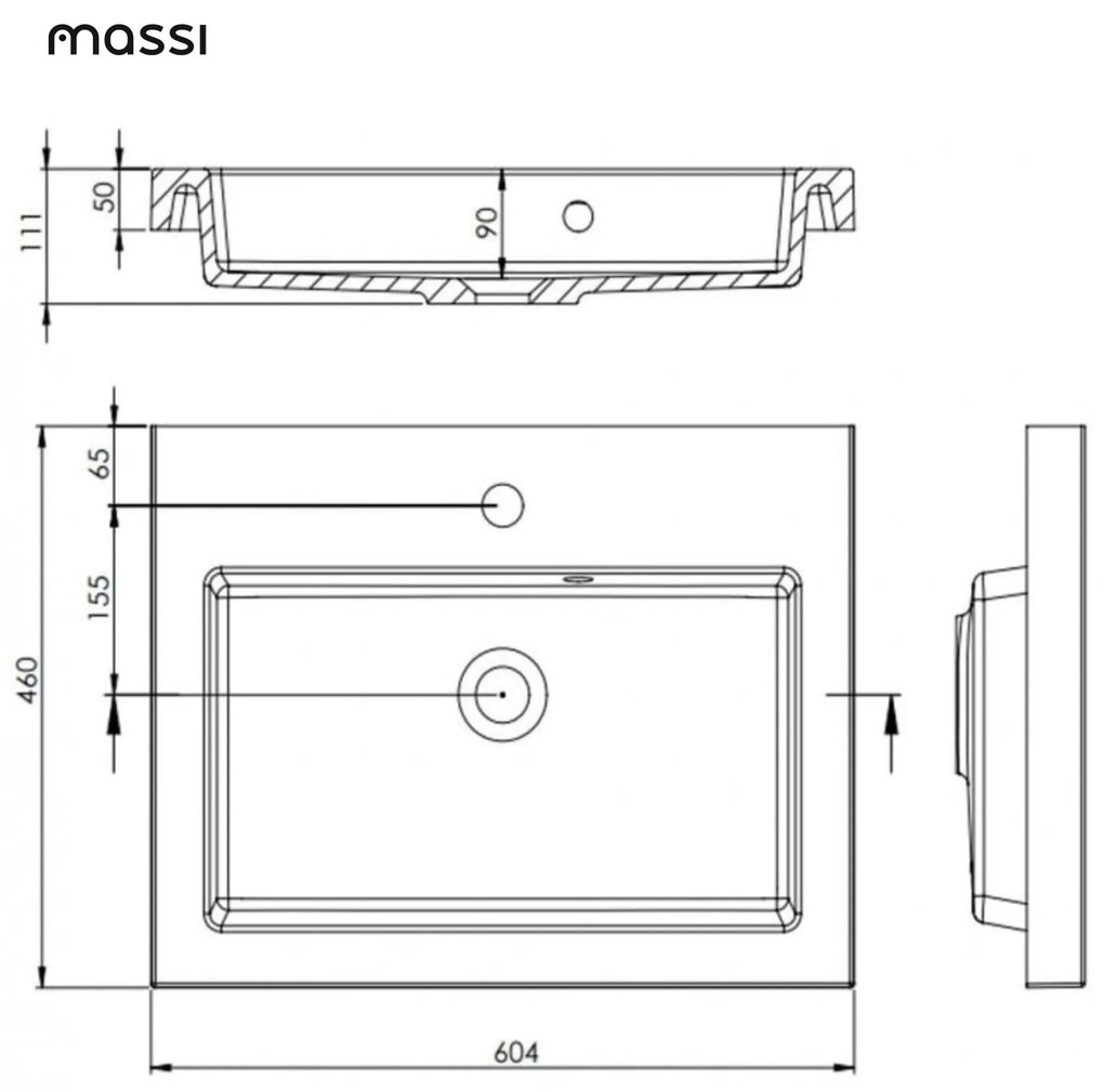 Umywalka wpuszczana w blat / blatowa biała 60 x 46 cm KLAR z konglomeratu z otworem na baterię