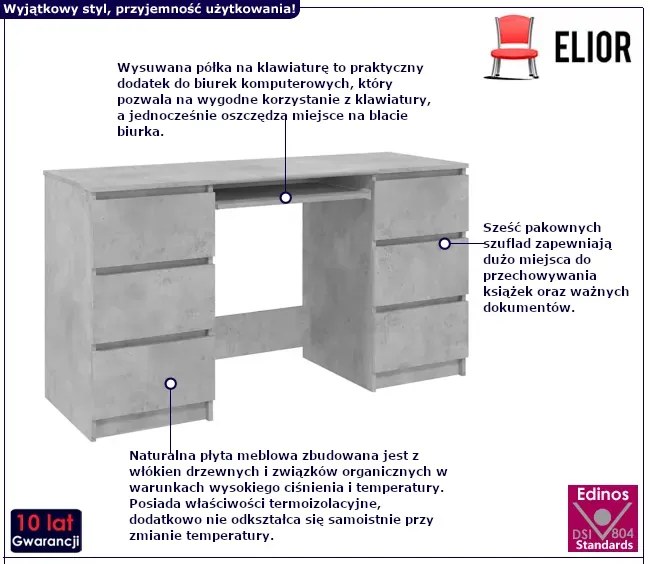 Minimalistyczne duże biurko z szufladami beton - Sanmi