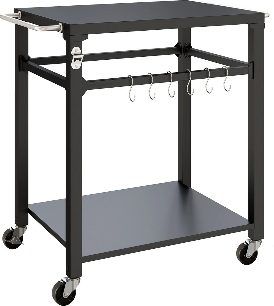 Outsunny Outdoorowy wózek grillowy, Stojak na piec do pizzy z metalową powierzchnią, 2-poziomowa mobilna stacja kuchennych z haczykami i uchwytami, Czarny | Aosom PL