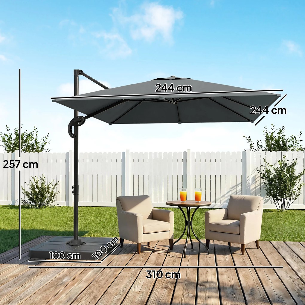 Outsunny Aluminiowy parasol ogrodowy Ø244cm z korbą, stojakiem, wodoodporny, obrotowy 360°, ciemnoszary | Aosom PL