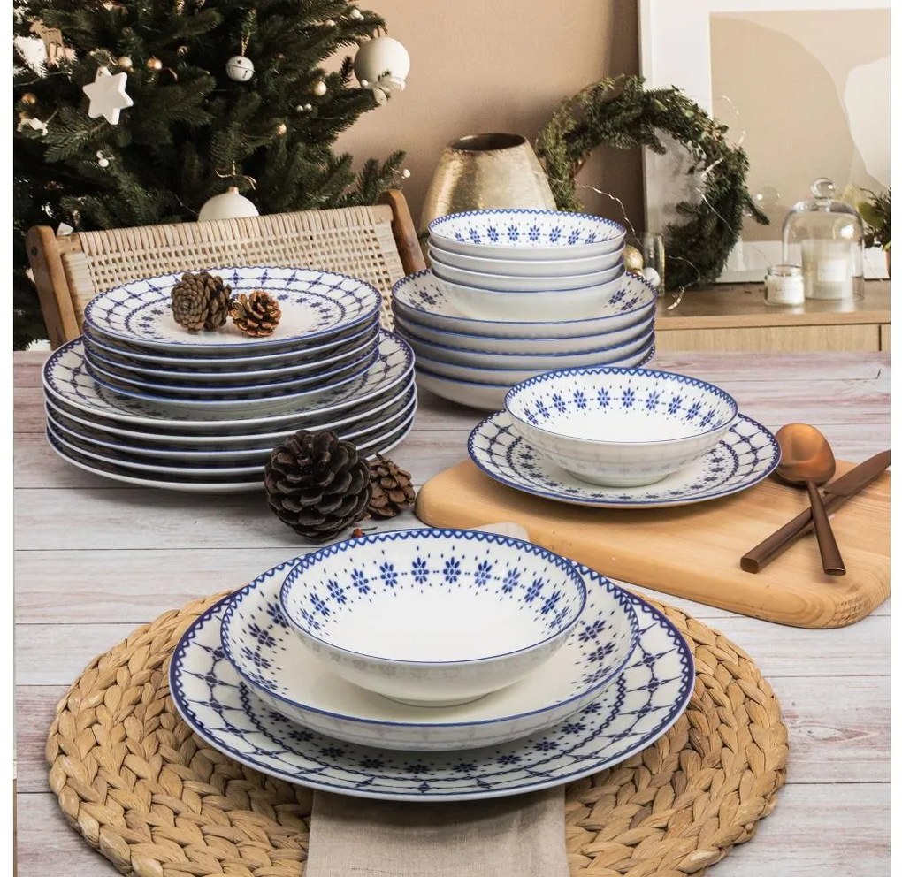 24-częściowy zestaw obiadowy, biały/niebieski, porcelana