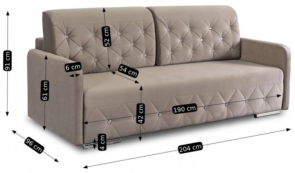 Sofa Rozkładana z Funkcją Spania VIVO Dwuosobowa Beżowa Glamour do Salonu