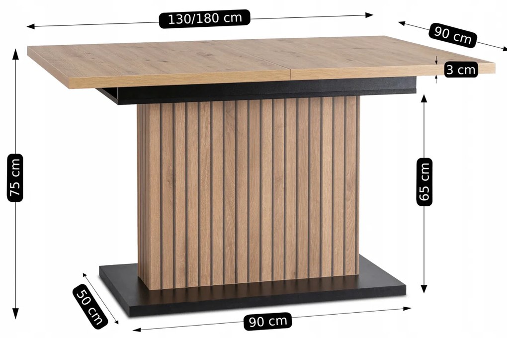 Stół Prostokątny Rozkładany z Lamelami GIANT 130-180 cm Dąb Artisan/Czarny Nowoczesny Loft