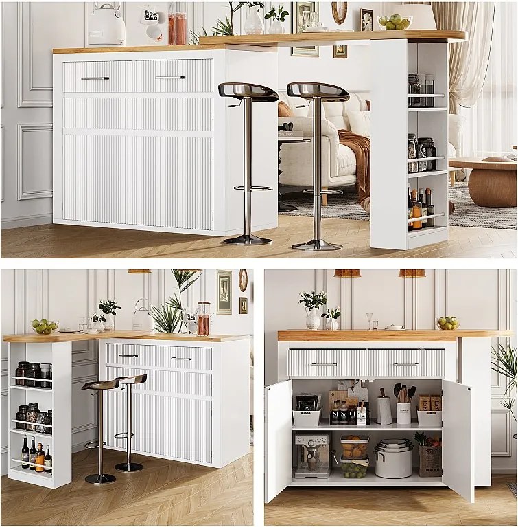 Rozkładany mobilny stół barowy - 137-215 x 39 x 102,3 cm - z 1 szufladą + 2 drzwiami - MDF - biały