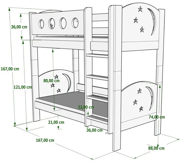 Zielone łóżko dziecięce piętrowe z księżycem A5-M73