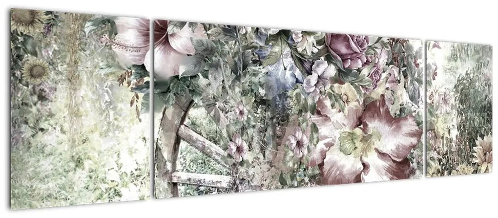 Obraz kwiatów na drewnianym kole (170x50 cm)