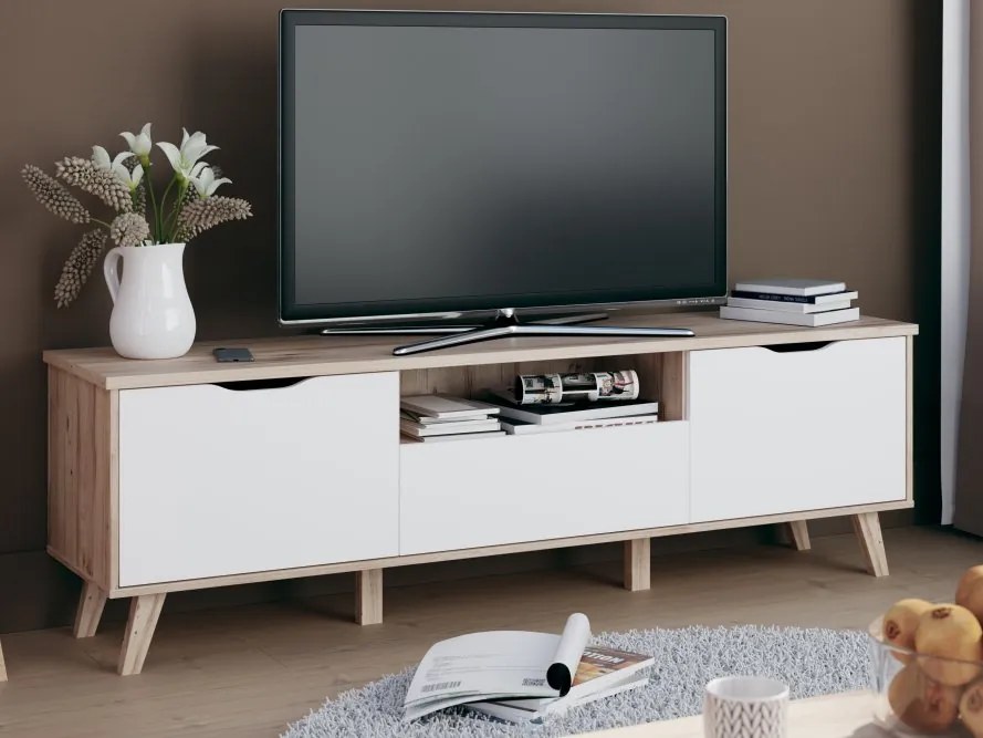 Szeroka szafka RTV w stylu skandynawskim Vankka 131, kolor dąb/biały