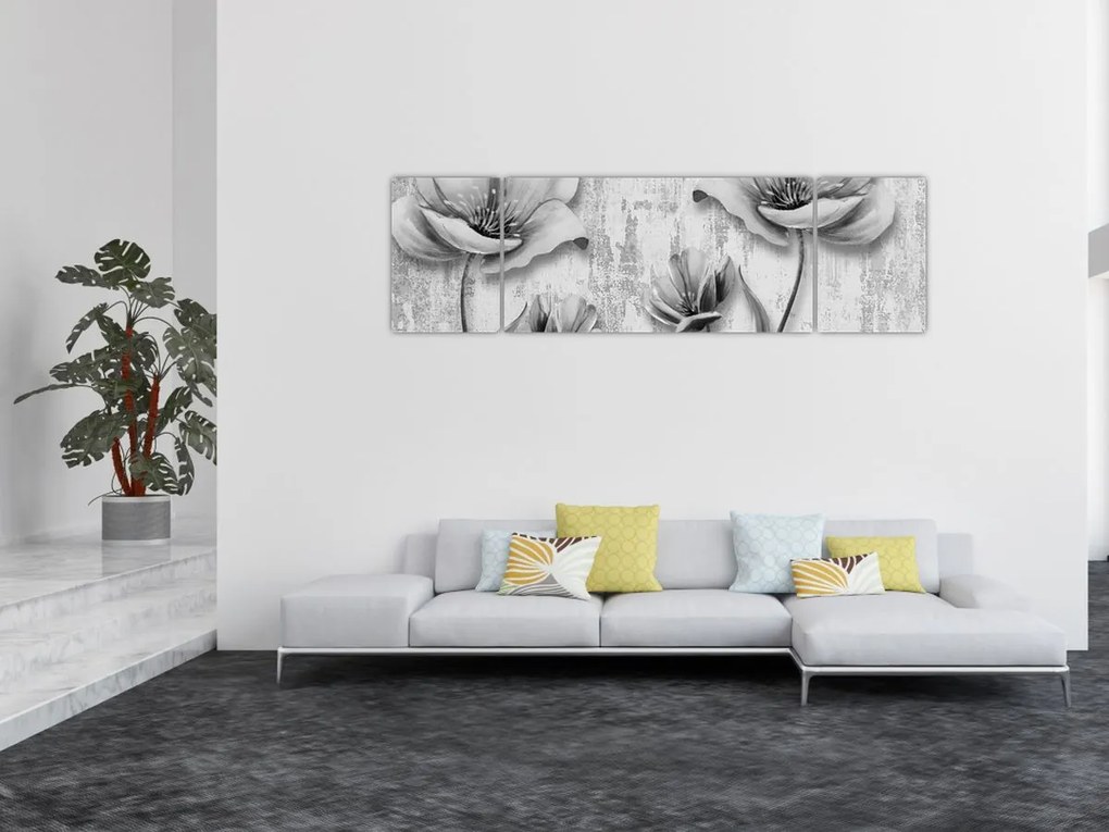 Obraz - Czarno-białe kwiaty na tle (170x50 cm)