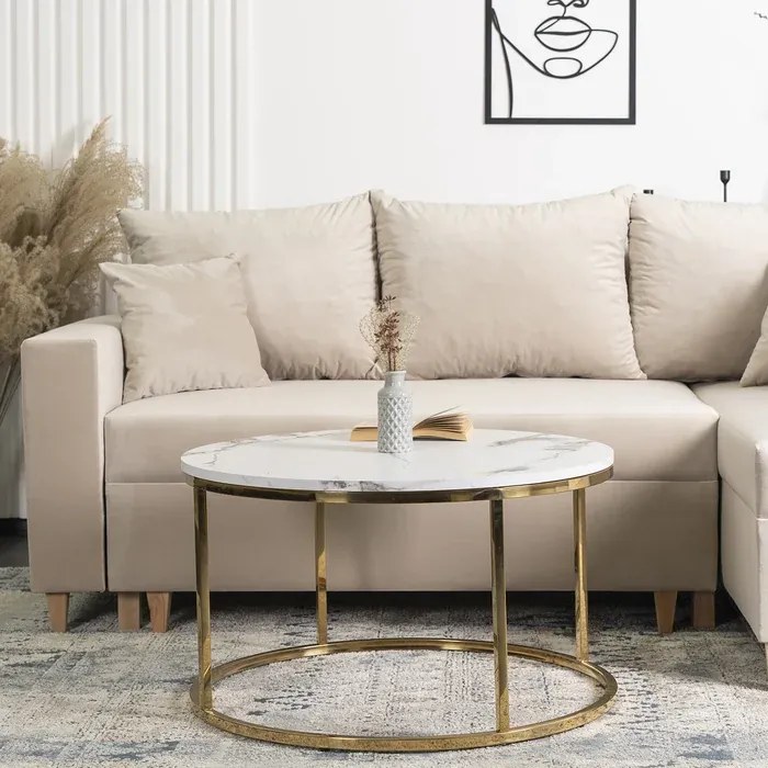 Stolik Kawowy CLIFF MAX 80 cm Biały Marmur/Złoty Nowoczesny Glamour