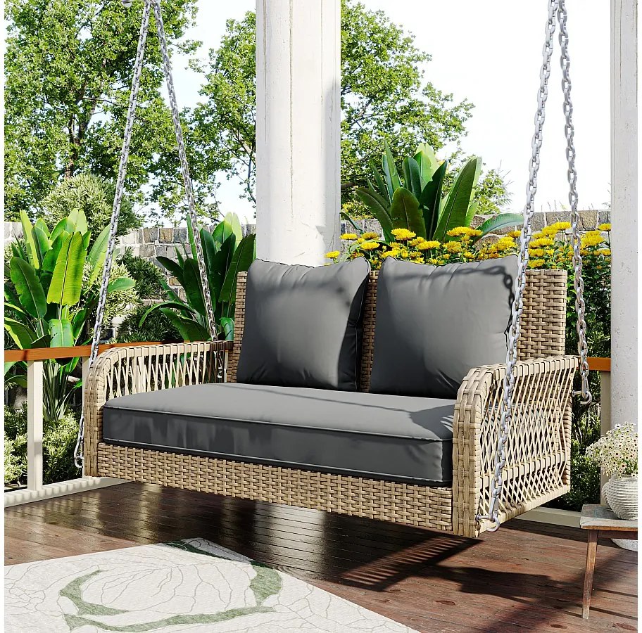 Fotel wiszący 114 cm z rattanu PE - 2 miejsca - Poduszka siedziska 11 cm - Beżowy + szary