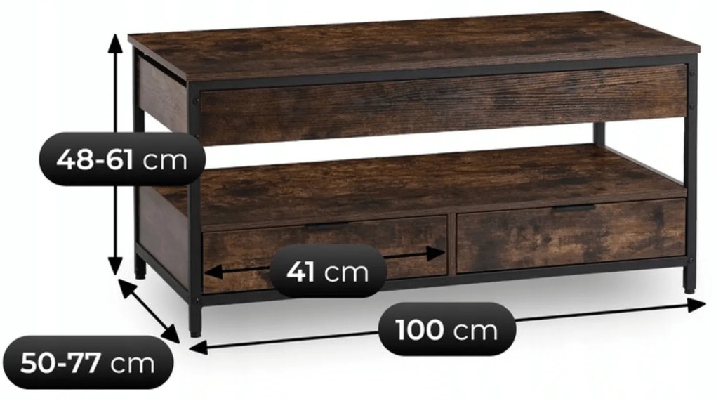 Ława do Salonu Rozkładana LUCA 100 cm Dąb Rustykalny/Czarny Loft