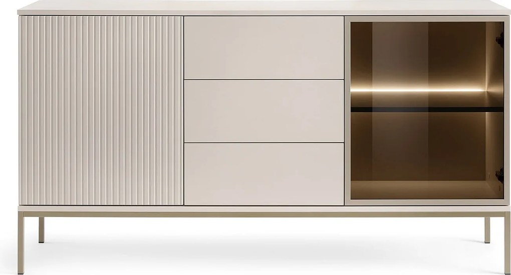 Nowoczesna komoda szeroka z szufladami i frezowanym frontem 154×83×39 cm, w kolorze Kaszmir / Złoty