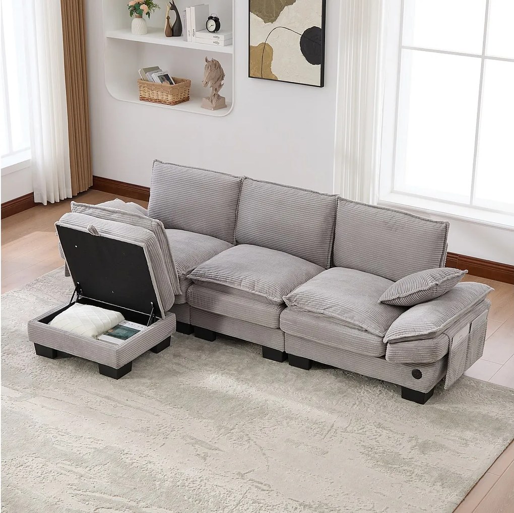 Zestaw wypoczynkowy z tkaniny sztruksowej 3-osobowy - 260 x 132 x 84 cm - z 1 pufem ze schowkiem + portem USB + kieszeniami - jasnoszary