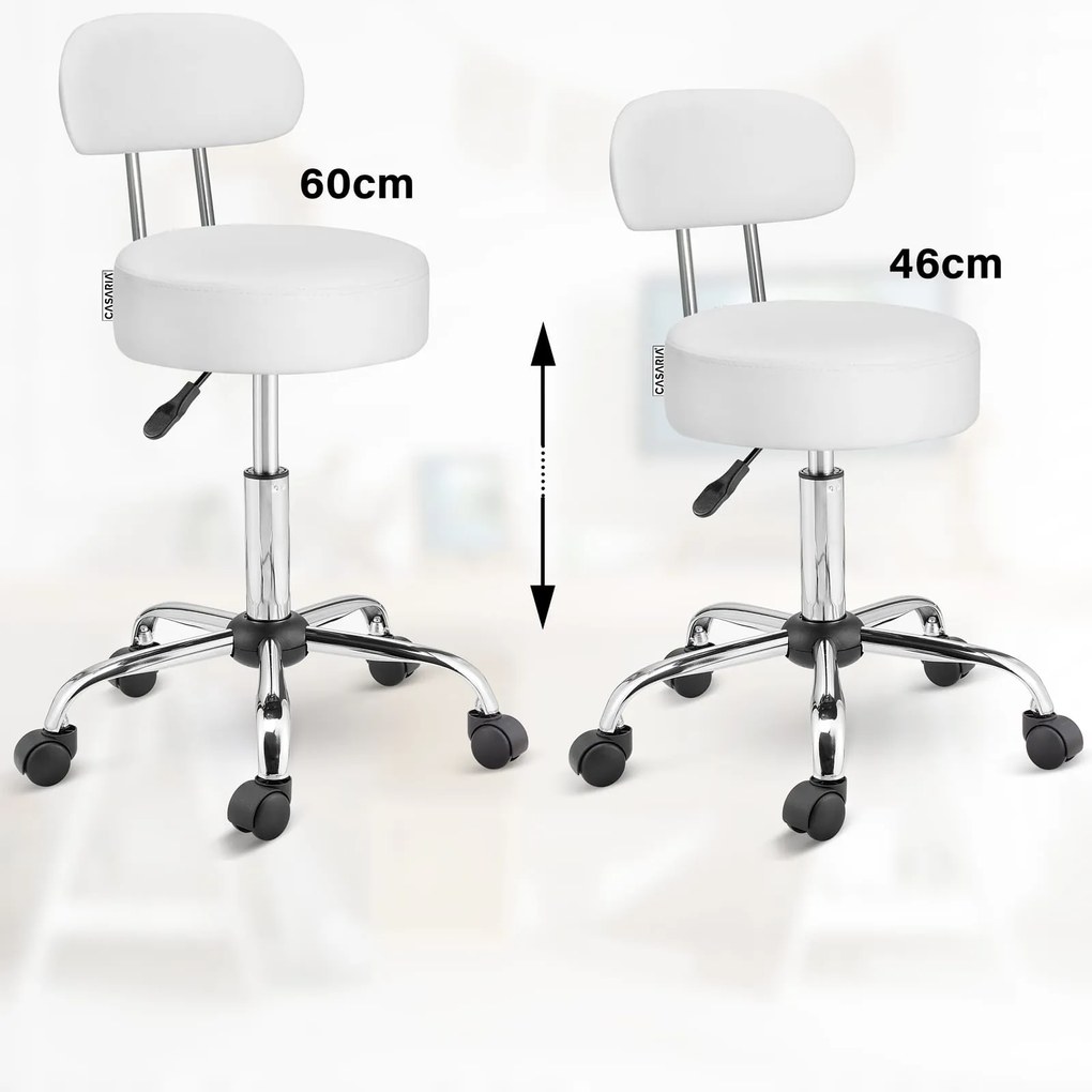 Taboretka na kółkach z oparciem ROLAND, Ø35cm, biała Casaria