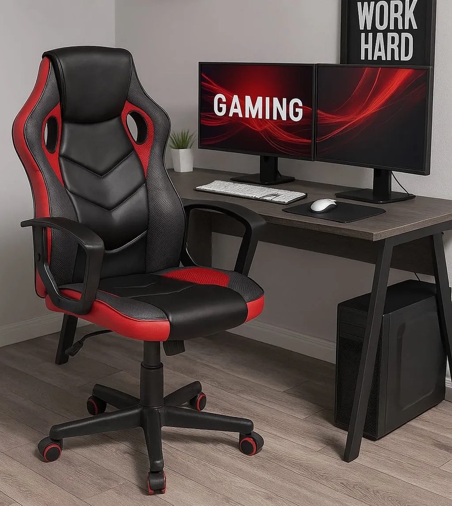 Fotel gamingowy z ekoskóry Star, kolor czarno-czerwony