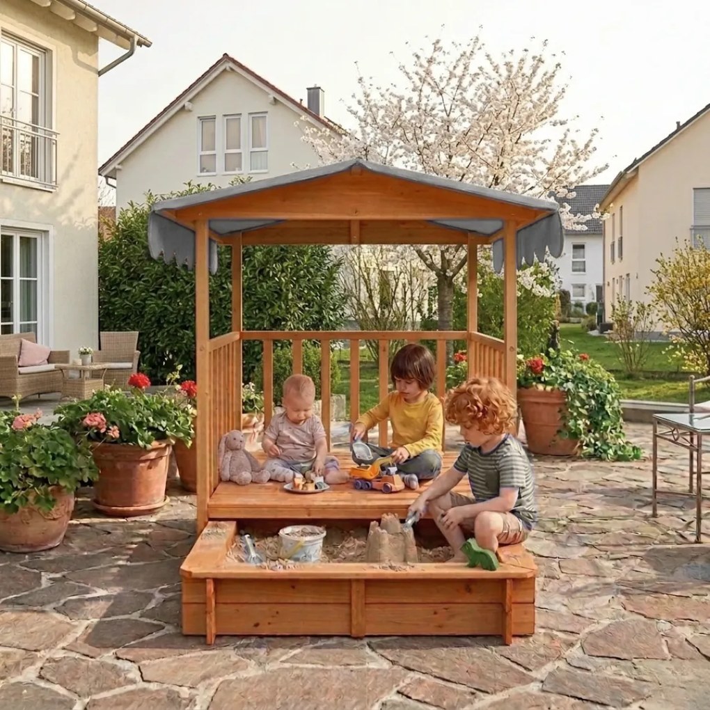 Piaskownica z werandą HAPPY, lita sosna 130 x 130 x 143 cm, brązowo szary Jurhan
