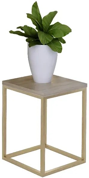 Stojak na kwiaty z metalowym stelażem złoty + dąb sonoma M1-C72