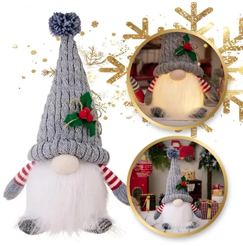 Świecący krasnal bożonarodzeniowy FROSTIE na baterie 28 cm, szary