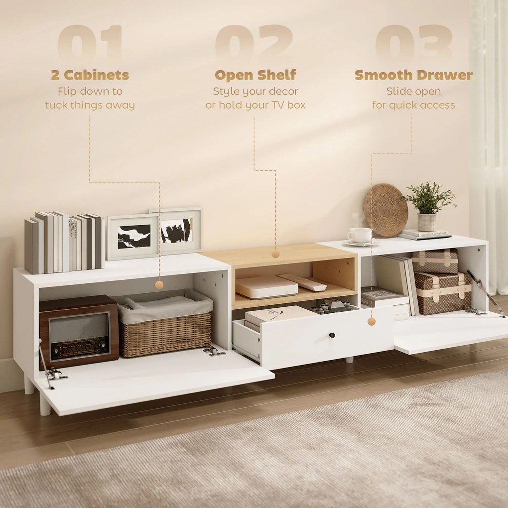 HOMCOM Komoda RTV 200 cm do telewizorów do 228,6 cm, 2 klapy, otwarta półka, szuflada, 8 nóg, płyta wiórowa, biały