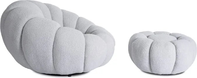 Fotel Wypoczynkowy Obrotowy PETTIT Szary z Pufą w Tkaninie Teddy Boucle