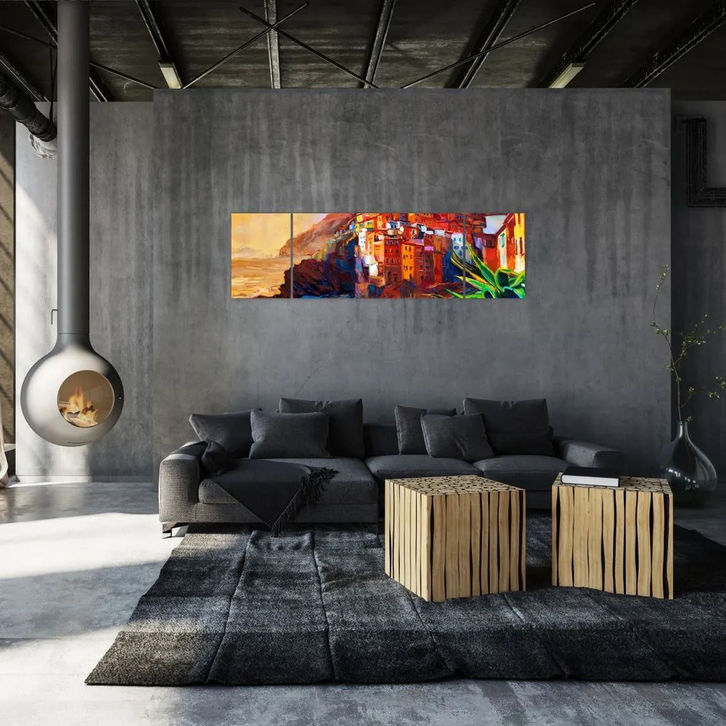 Obraz - Wieś na wybrzeżu Cinque Terre, Włoska Riviera, nowoczesny impresionism (170x50 cm)