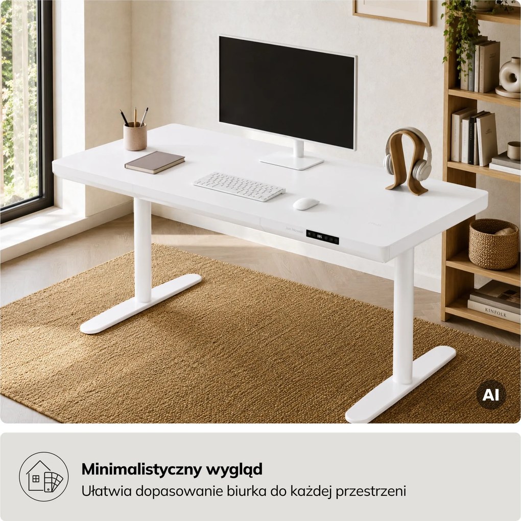 Biurko elektryczne sit-stand z szufladą i ładowarką bezprzewodową Qi białe, 1400 mm: ELLIS