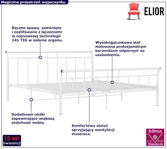 Białe metalowe łóżko małżeńskie 160x200 cm - Ventano