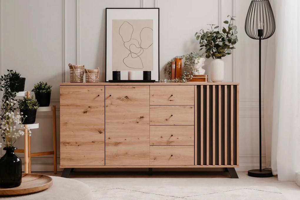 Komoda z lamelami Medan 3D4S dąb artisan/antracyt