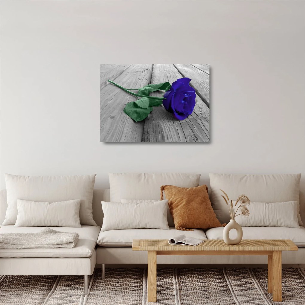 Obraz na szkle - Niebieska róża z zieloną łodygą (70x50 cm)