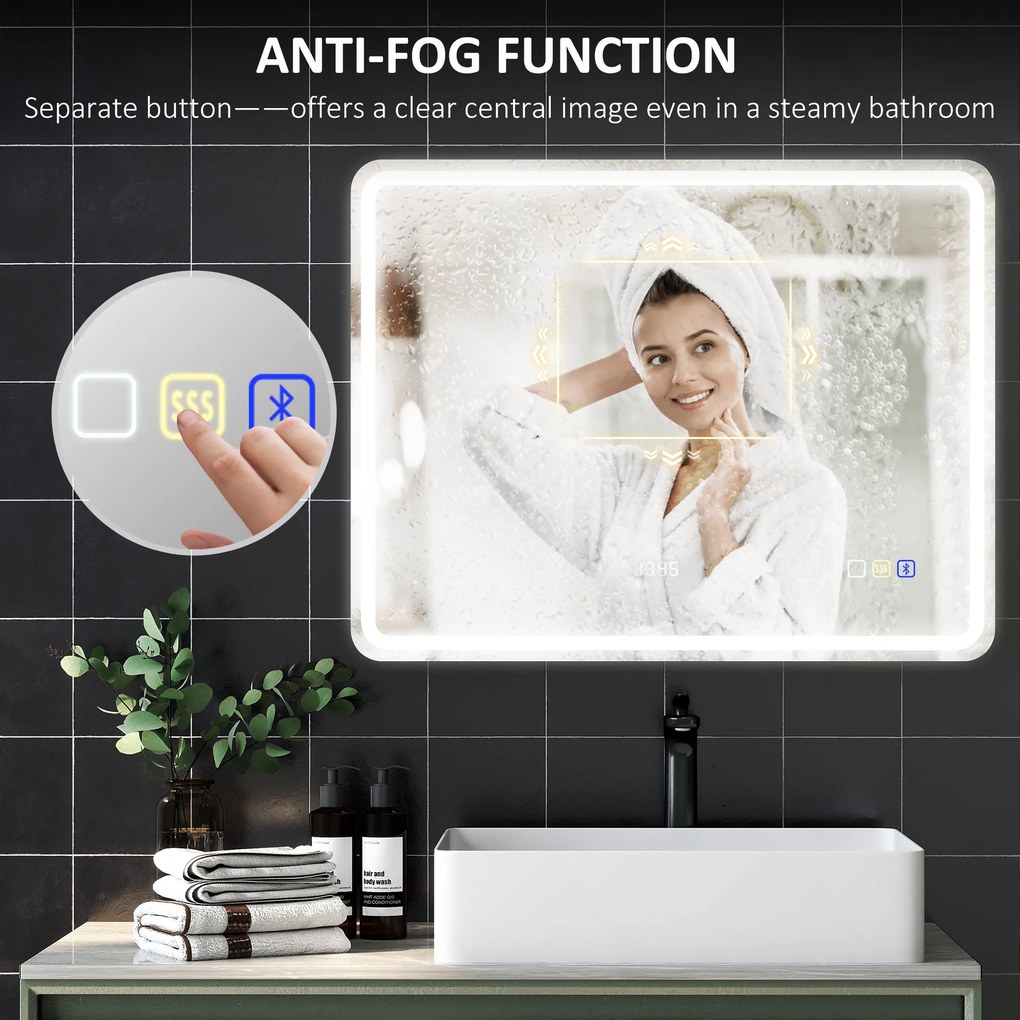 HOMCOM lustro łazienkowe LED z funkcją przeciwmgielną nowoczesne lustro z zegarem i trzema kolorami światła 700x900 mm srebrne | Aosom PL