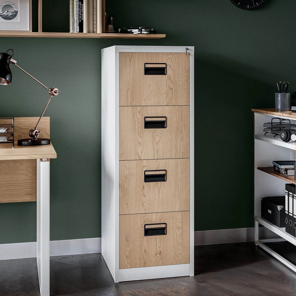 Szafa kartotekowa metalowa z 4 szufladami biała/dąb sonoma, 460x1320x620 mm: SARA Eco Design