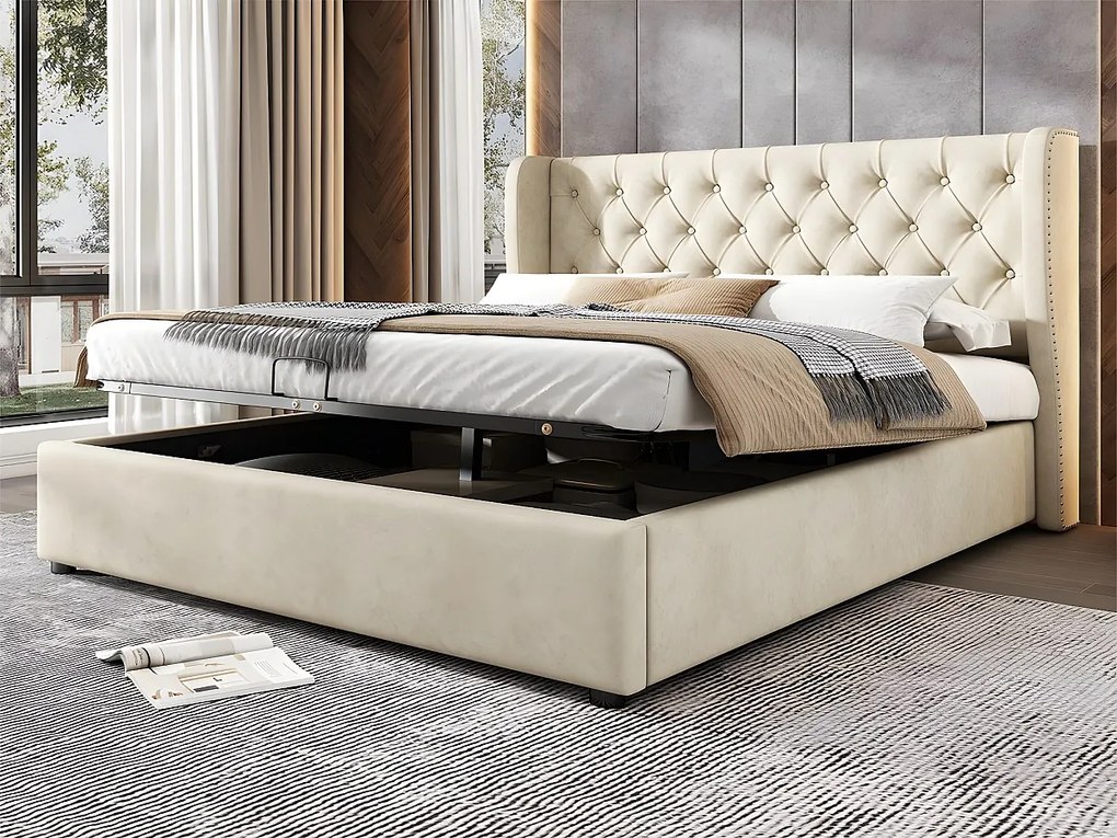Łóżko tapicerowane welurowe 140x190cm z stelażem na listwach - Beżowe