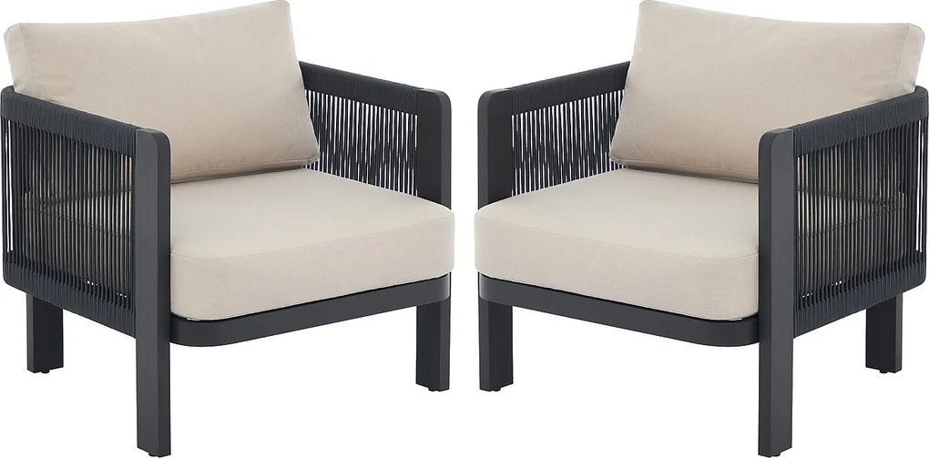 Zestaw 2  foteli ogrodowych z aluminium i plecionki - Czarne z beżowymi poduszkami - HELYSI od MYLIA