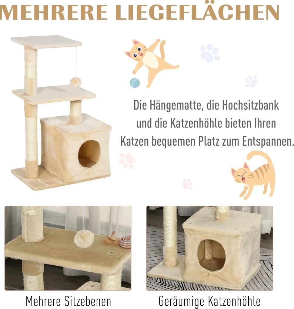 PawHut Drapak dla kotów z zabawką - Centrum rozrywki, pluszowe platformy i jaskinia, beżowy