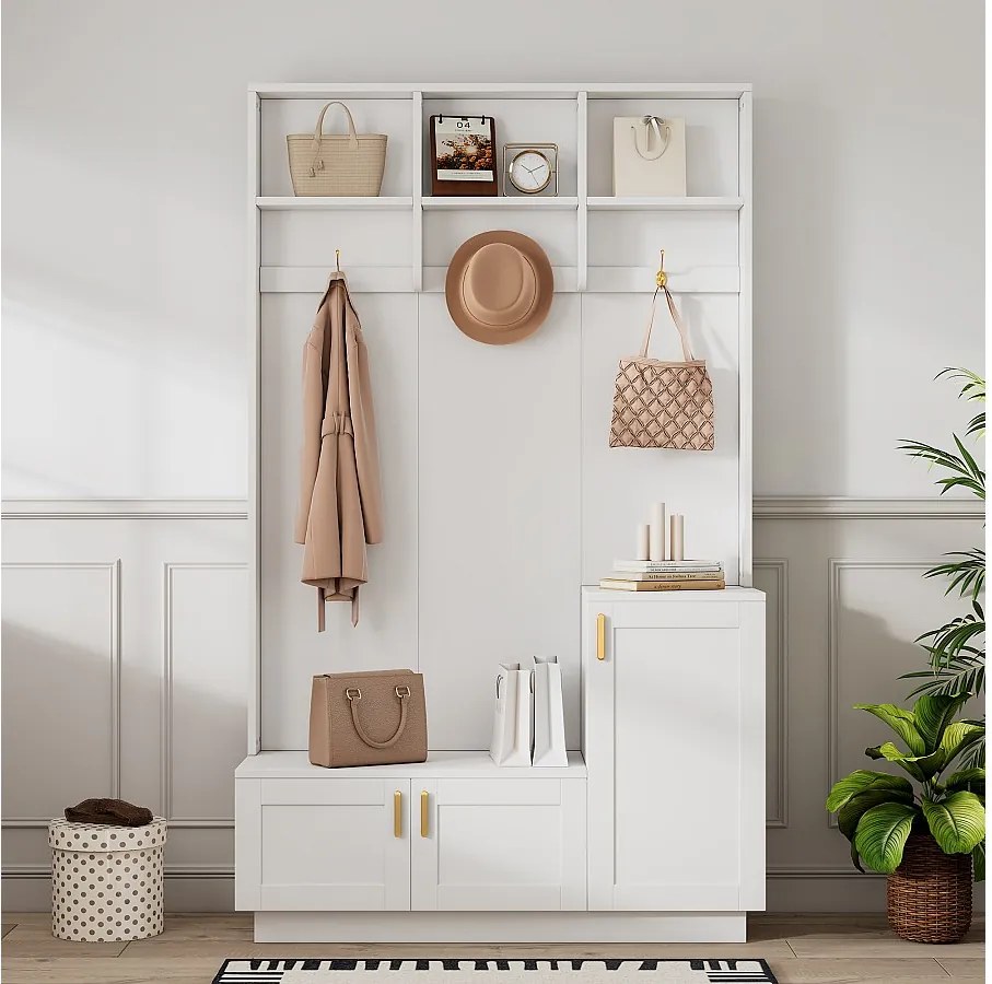 Biały wieszak do przedpokoju z ławką na buty, otwartym schowkiem i 3 haczykami