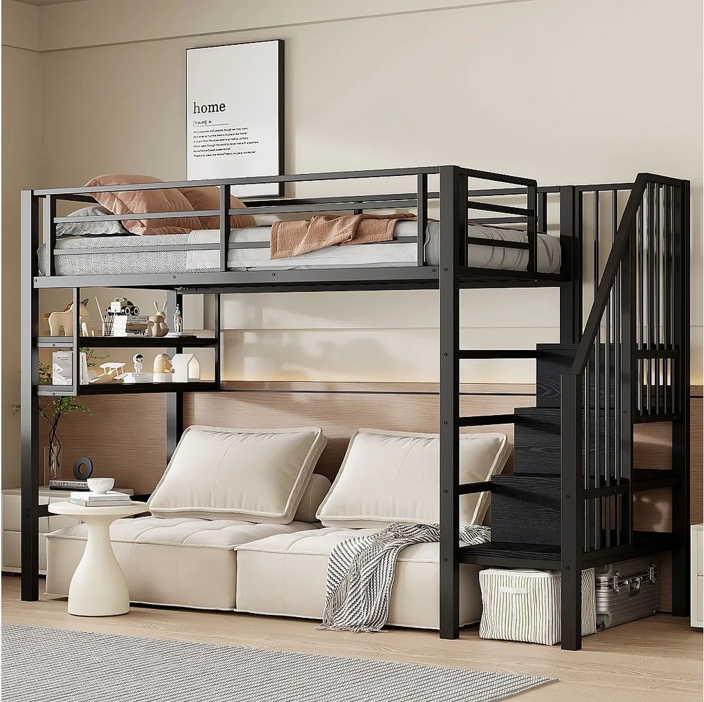 Łóżko piętrowe dla dzieci - 90 x 200 cm - z półkami i drabinką - metal + MDF - czarne