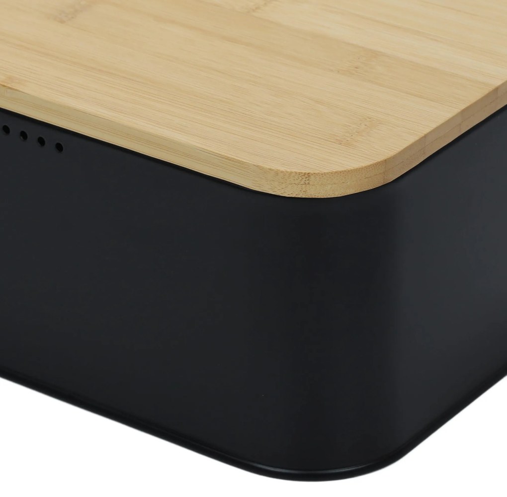 Metalowy chlebak z bambusową pokrywą, 31 x 18 x 12,5 cm