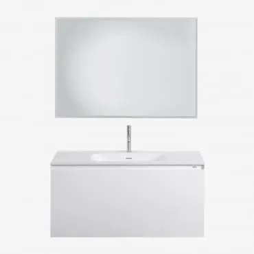 Zestaw Wiszących Mebli Łazienkowych Zintegrowany Z Umywalką Macrae Biała & Prostokątna Lampa Led I Przeciwmgielna 100x70 Cm Riben & Szczotkowana Szaro