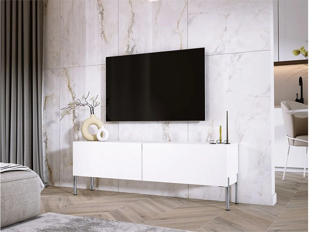 Szafka RTV: Biały Mat, Nogi Chrom, 140 x 52 x 32 cm