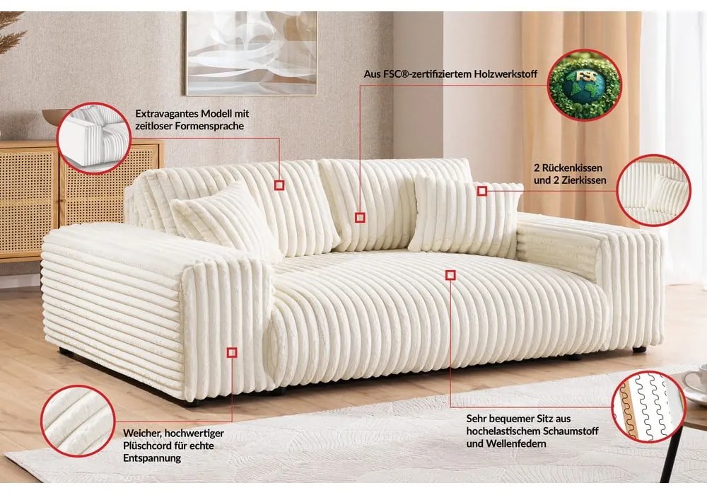 Kremowa sztruksowa sofa 213 cm Justin – Ropez
