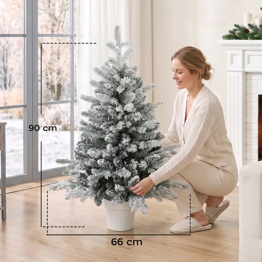 HOMCOM Mini choinka 90 cm z 296 końcówkami gałązek i efektem śniegu w donicy, mini choinka stołowa do domu i biura, Biały | Aosom PL