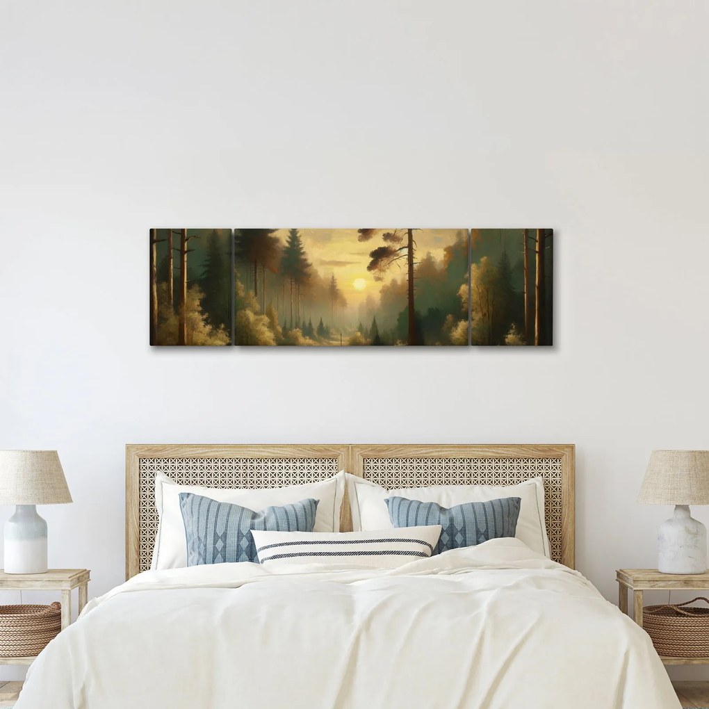Obraz - Słońce świecące przez las (170x50 cm)