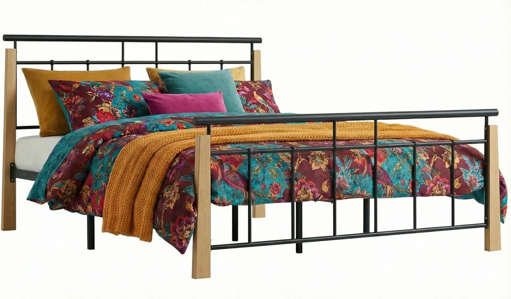Metalowe łóżko rustykalne czarny + jasny dąb 180x200 cm S6-C05